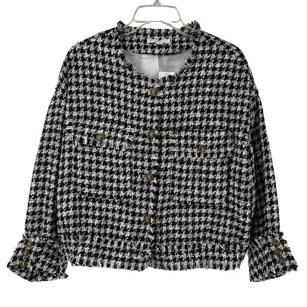 Cato Cropped Collarless Blazer Jacket Houndstooth Tweed L Black White Preppy Top
